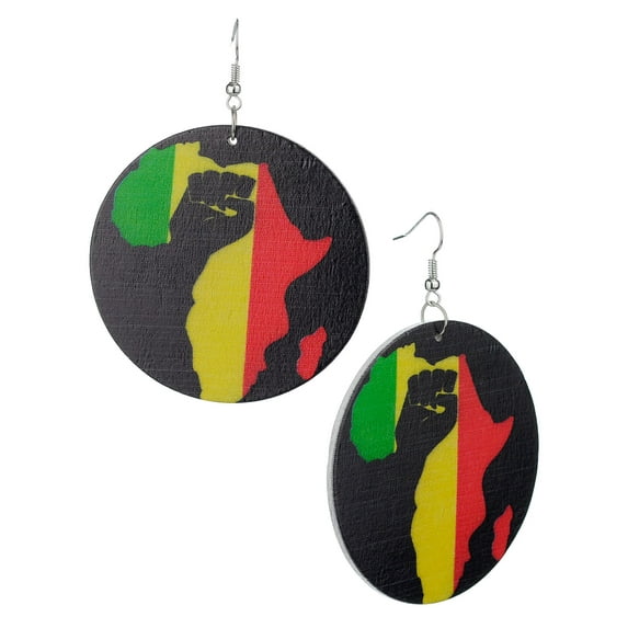 Women's Round Rasta Afrocentric Wood Dangle Pierced Earrings, Africa Black Fist