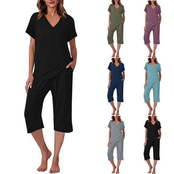 Feancey Soft Pjs for Women Set Summer Short Sleeve V Neck Pajama and Capri Pant Lounge Sets Solid Color Loose Sleepwear 2 Piece Outfits Army Green XL