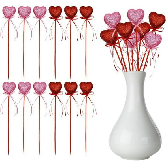 12Pcs Valentine's Day Heart Shaped Picks,8.7x1.6In Heart Flower Picks on Sticks for Vase Filler,Reusable Party Supplies for Wedding,Home Decor(Pink,Red)