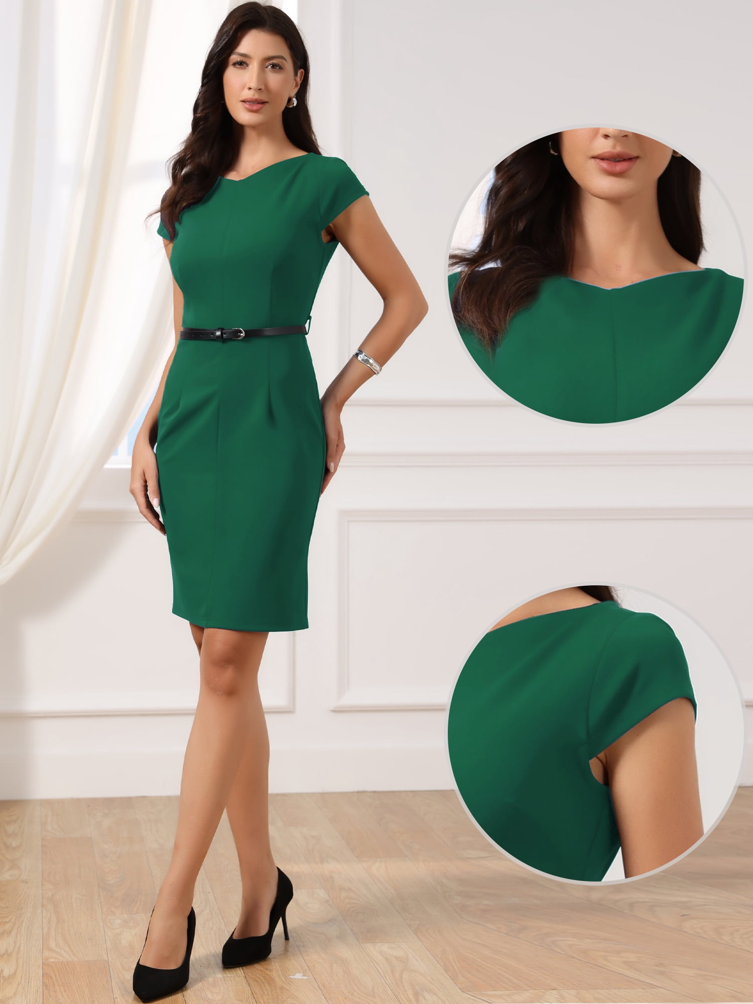 DARING DIVA Women's Cap Sleeve Belted Bodycon Sheath Work Office Dress M Green