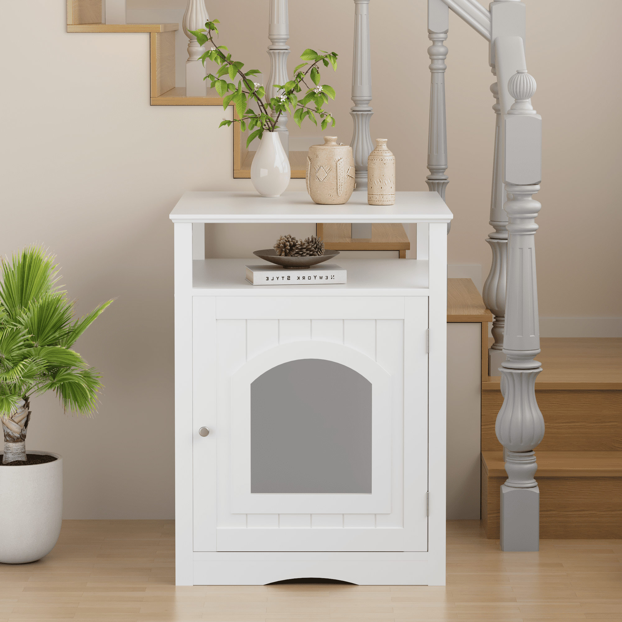 Garmic Modern Cat Condo Side Table with Open Top Shelf & Side Hook, Indoor Wooden Cat House with Enclosed Cabinet,  for Cat Litter Box Enclosure Living Room & Bedroom, White