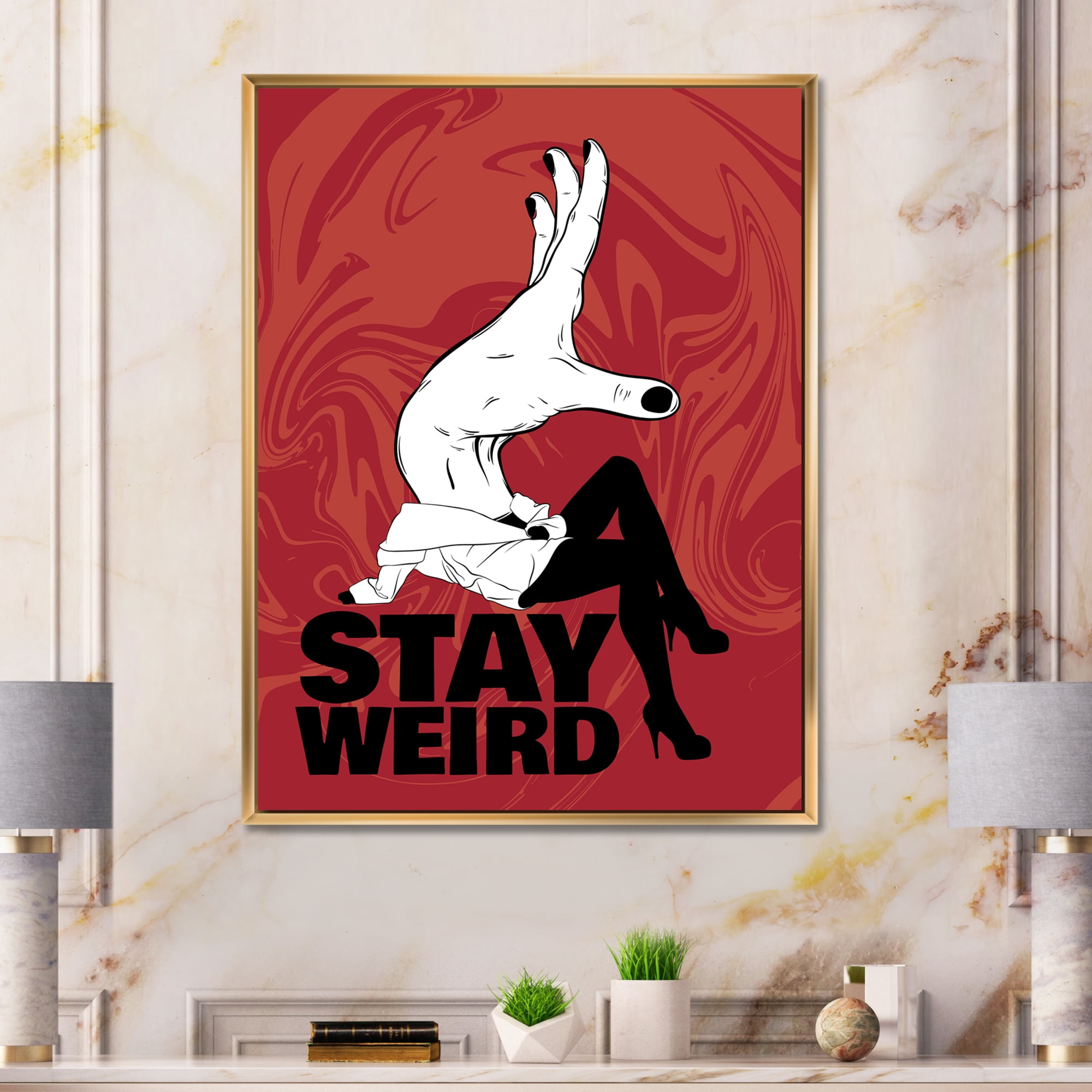 Stay Weird Hand Sign 16 in x 32 in Framed Painting Canvas Art Print, by Designart