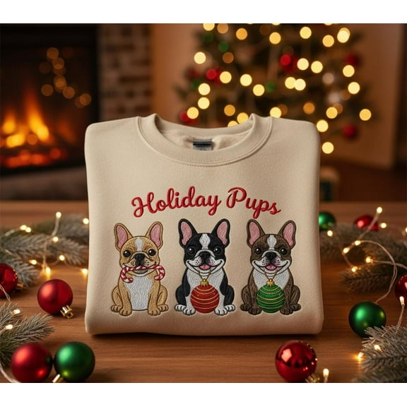 Embroidered French Bulldog Christmas Sweatshirt – Cute Holiday Pups Design, Cozy Festive Crewneck Gift for Dog Lovers and Pet Owners