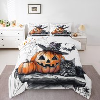 Manfei Halloween Pumpkin Lantern Bedding Comforter Set,Kawaii Cartoon Cat Twin Comforter Sets,White Black Orange Bedding Set For Boys Girls,Ultra Soft Home Decor Reversible,2pcs