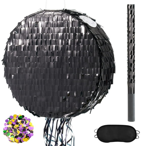 WERNNSAI Black Round Pinata - Black Foil Ball Pinata with Blindfold Stick and Confetti for Birthday Party Decoration DIY Crafts Celebration Fiesta Supplies Creative Party Decor