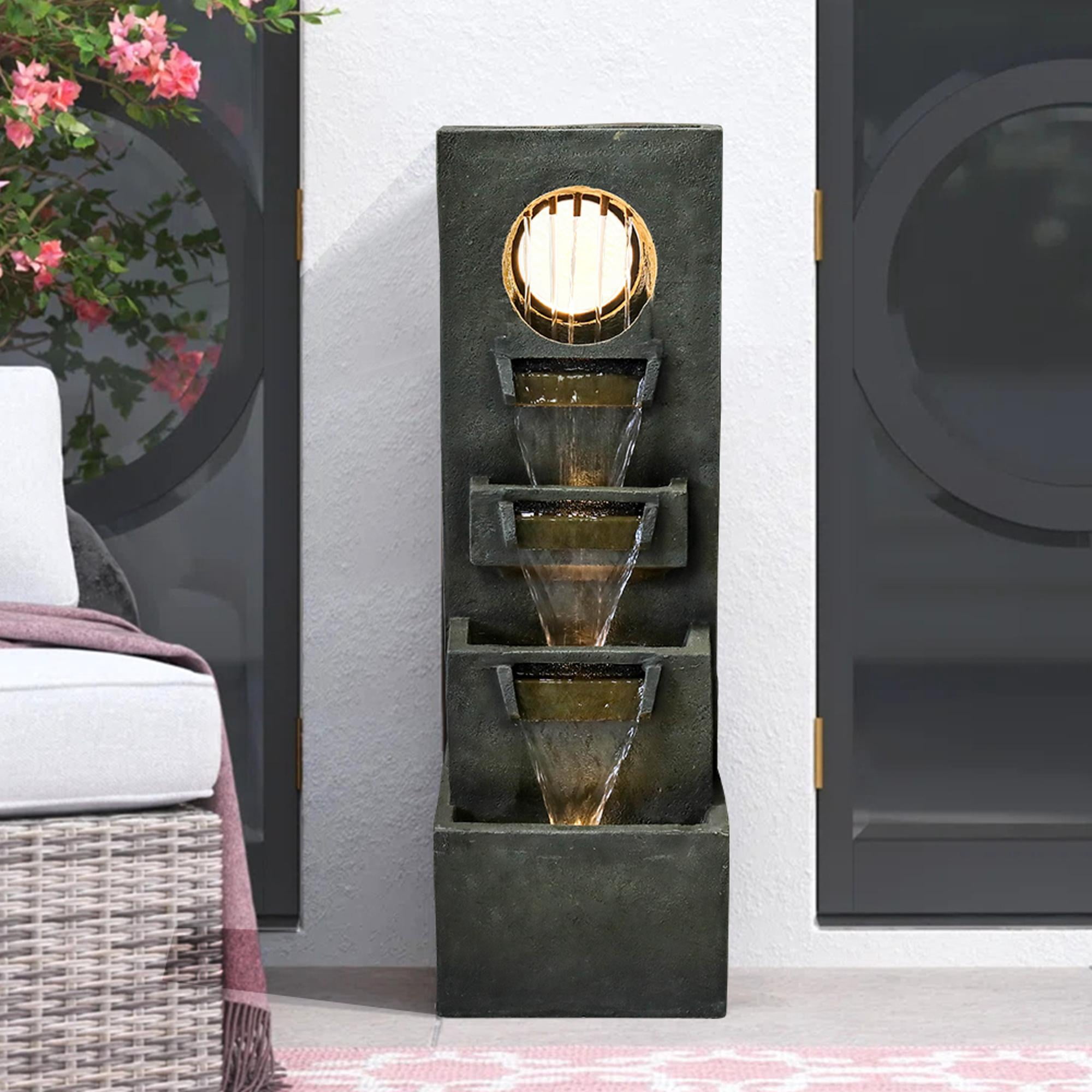 Tammesy Modern 4-Tier 39.3"H Outdoor Waterfall Fountains with Lights Pump, for Patio,Backyard,Deck,Porch and Home Art Garden Decor