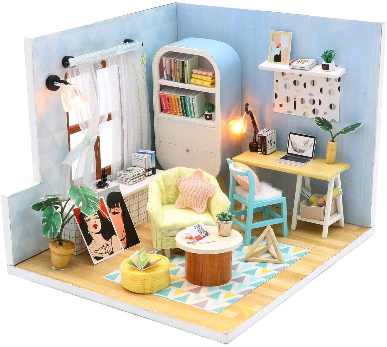1:12 Dollhouse Miniature Kid Toy Pink Wood Dollhouse Miniature Can Open Door ♫