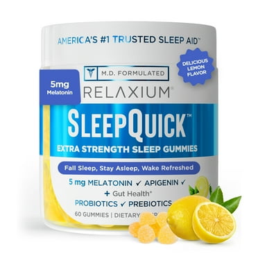 Relaxium Sleep Quick Gummy, Sleep Aid, 5 mg Melatonin, Vitamin D-3, Exclusive Prebiotic & Probiotic Blend, Gluten and Drug Free, Vegan, Lemon Flavor, 60 Gummies (packaging may vary)
