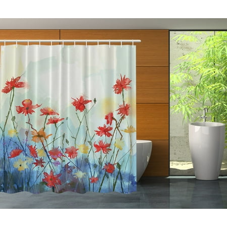 Landscape Red and Yellow Flowers Bouquet Digital Print Extra Long Shower (Best Digital Shower Reviews)