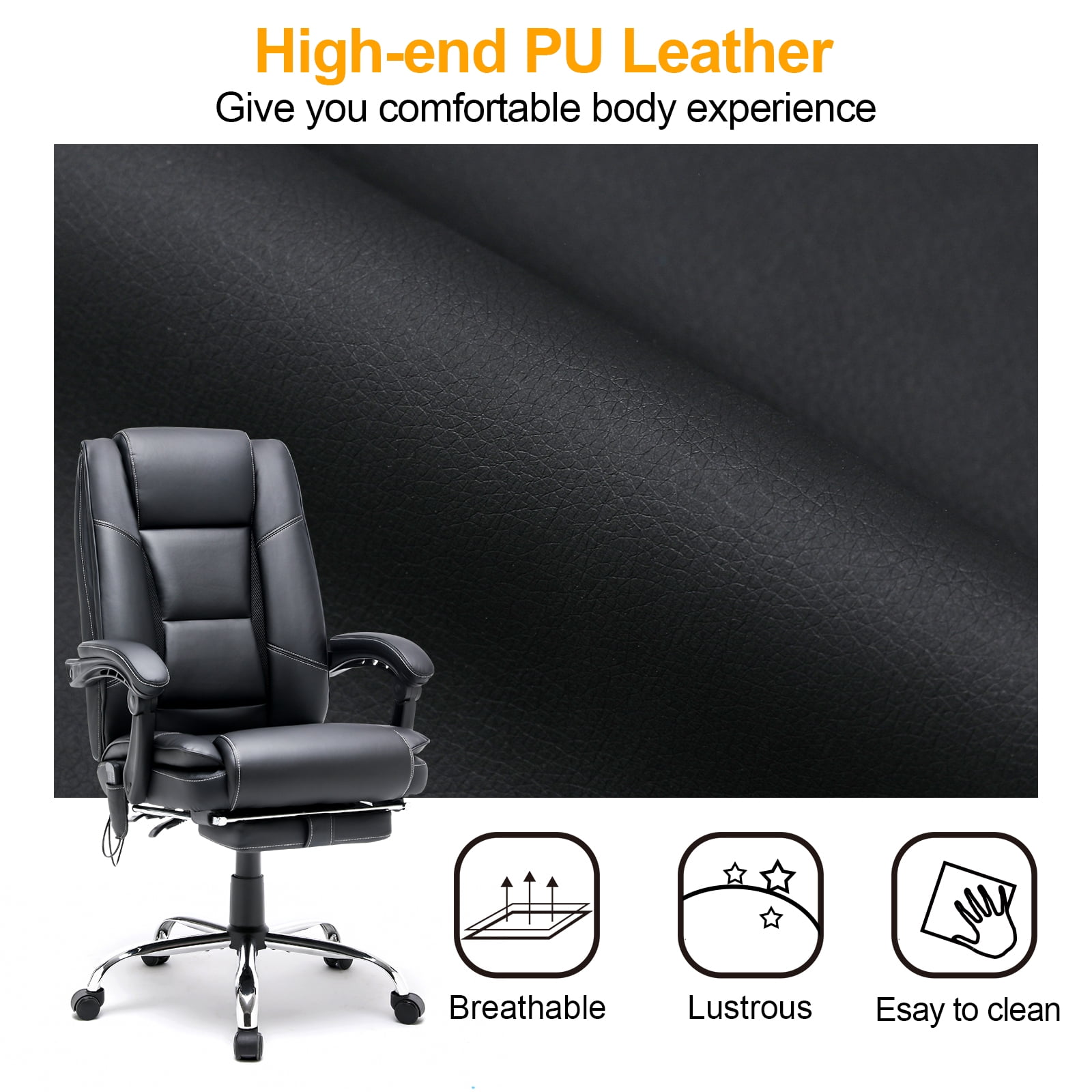 Homrest Ergonomic Indoor Massage Heated PU Leather Office Chair, Black