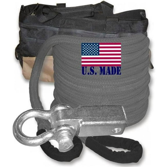 U.S. made ''GUNMETAL GREY'' Safe-T-Line- Kinetic Recovery (Snatch) ROPE - 1 inch X 30 ft with Receiver Shackle Bracket & HD Carry Bag (4X4 VEHICLE RECOVERY)