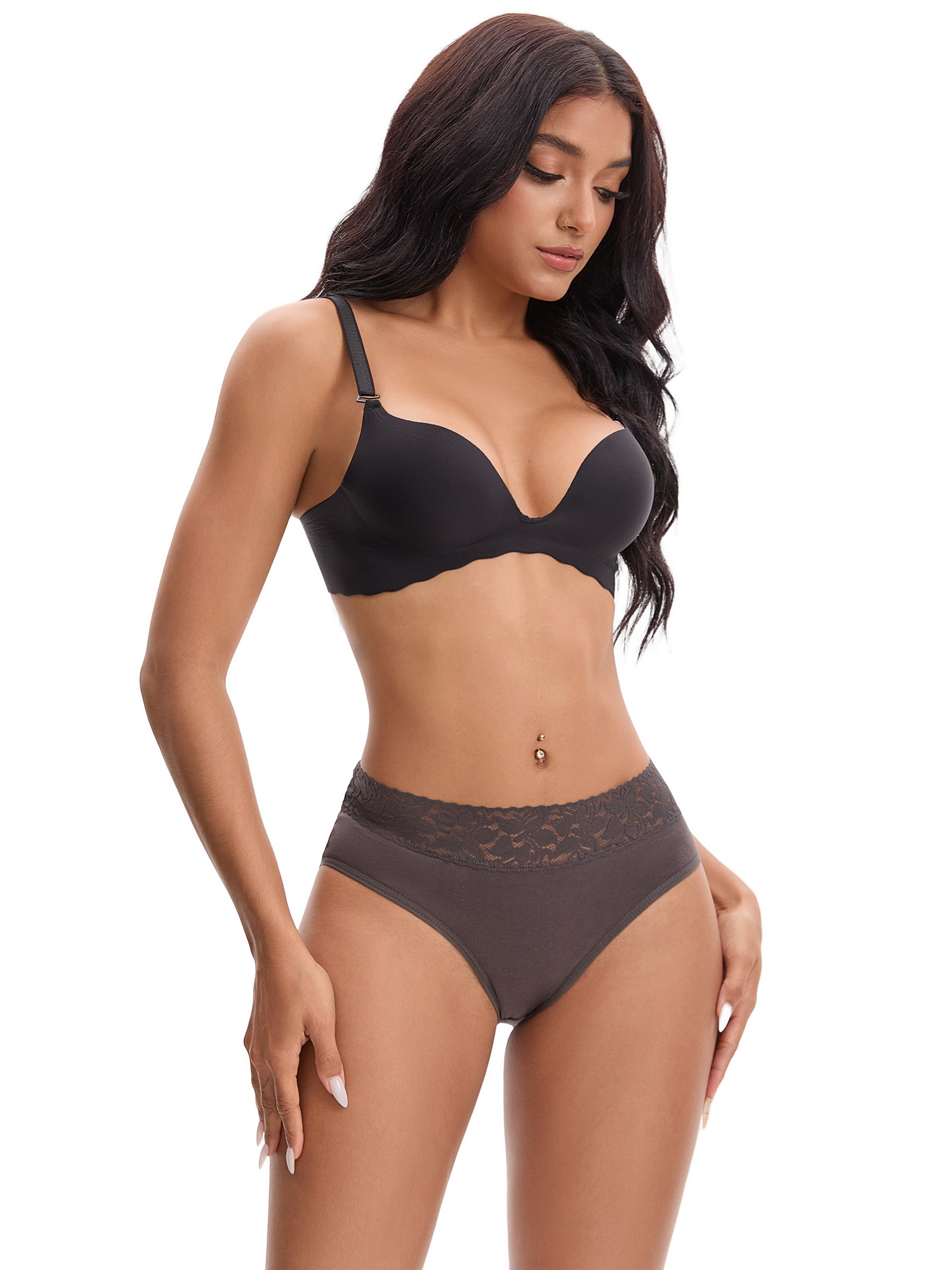 Unique Bargains Lace Mid Rise Briefs Underwear L Dark Grey