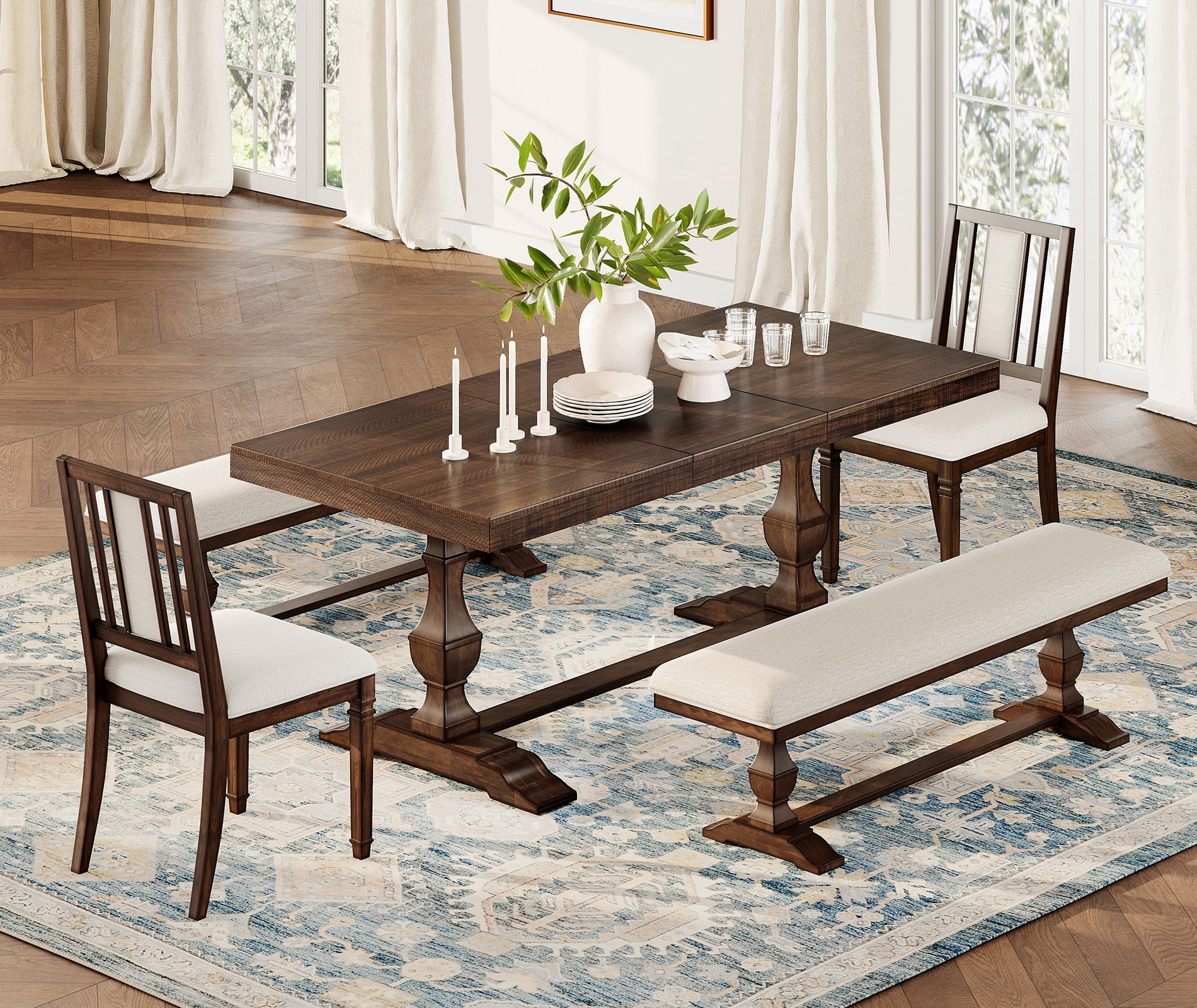 WAMPAT 5-pieces Farmhouse Dinning Table for 6-8,74.8" Kitchen Table Set with 2 Benches and 2 Chairs,Solid Wood Legs and Cushion Seat for Kitchen & Living Room,Brown