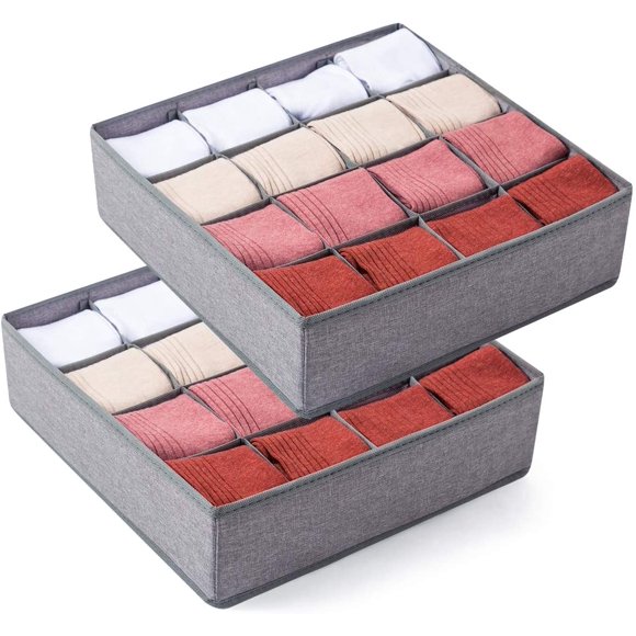 2 Pack Socks Underwear Drawer Organizer Divider, 16 Cell Collapsible Cabinet Closet Organizer Storage Boxes for Clothes, Socks, Lingerie, Underwear, Ties