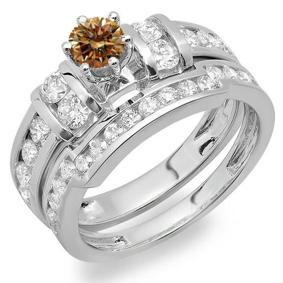 Dazzlingrock Collection 2.00 Carat (ctw) 14K Champagne & White Diamond Engagement Wedding Ring Set 2 CT, White Gold, Size 6