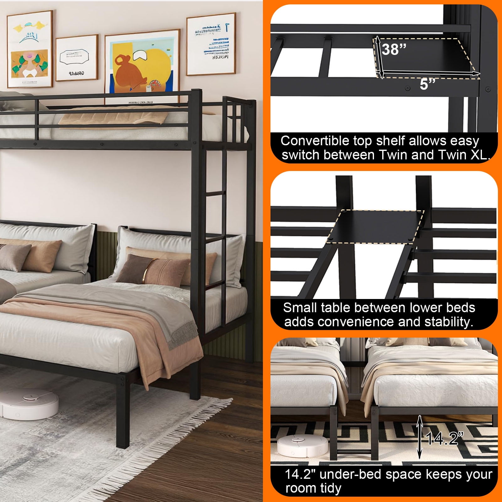 Miniyam Heavy-Duty Metal Triple Bunk Bed, Twin Over Twin Over Twin, Space-Saving 3-Bed Bunk Frame with Guardrails & Ladder, Black