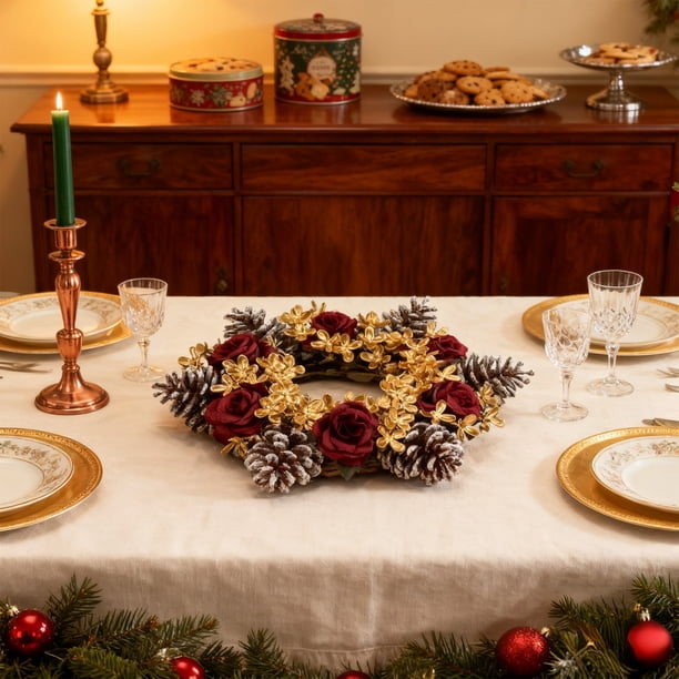 Centro de mesa con forma de corona y candelabro, decoración navideña para la mesa, adornos de rosas y piñas, decoración festiva para la sala de estar o chimenea, gran capacidad, diseño