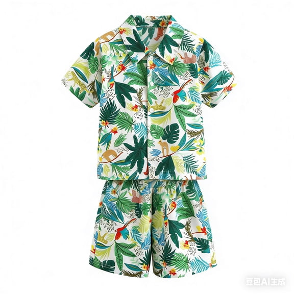 Toddler Boy Outfits Lapel Short Sleeve Button Graphic Print Top And Shorts 2 Piece Beach Wear Boys' Clothing Sets Size 18-24 Months