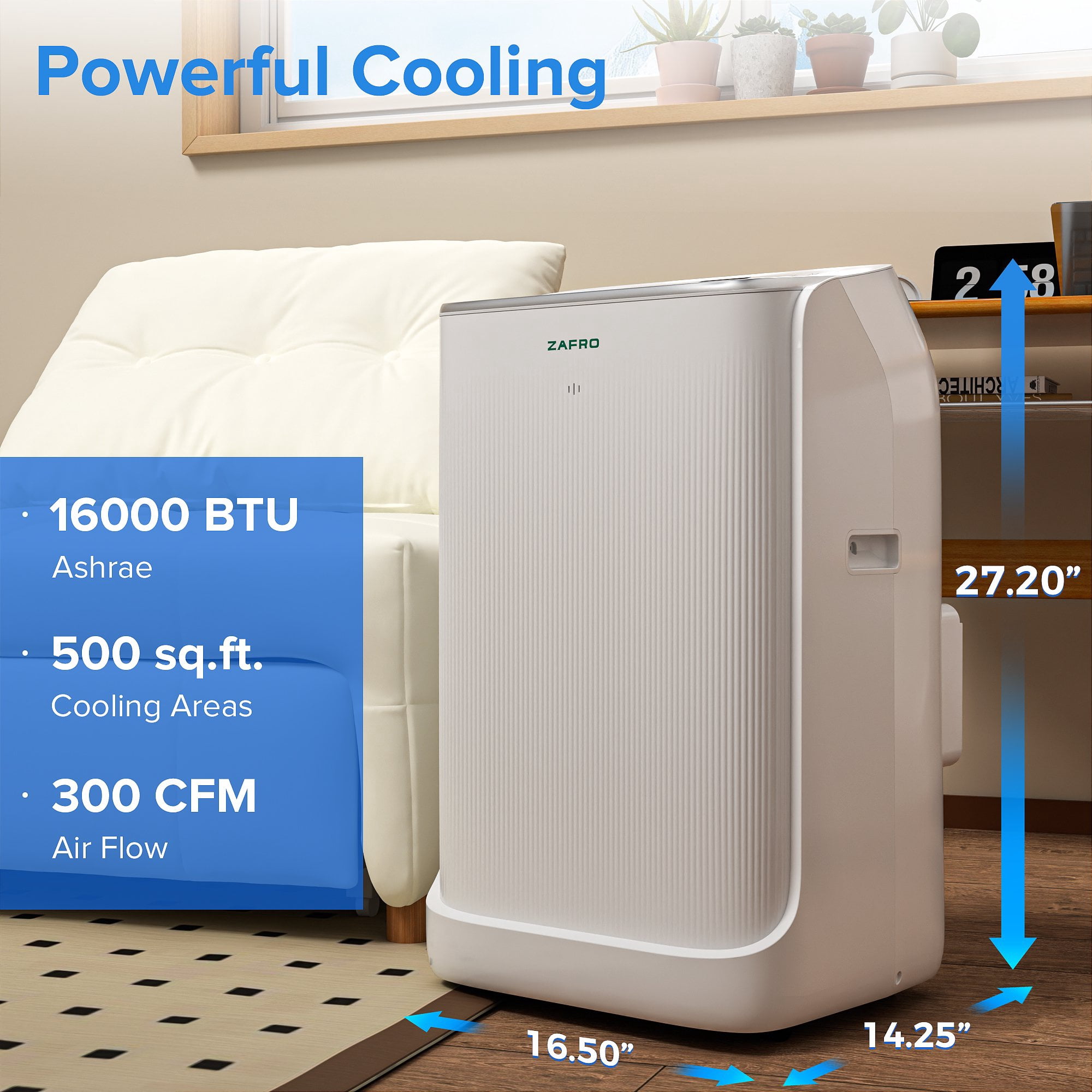 Zafro 16,000 BTU (12,000 BTU SACC) portable air conditioner with Remove Conrol & Wifi ,42dB ultra-quiet Cools up to 600 sq.ft