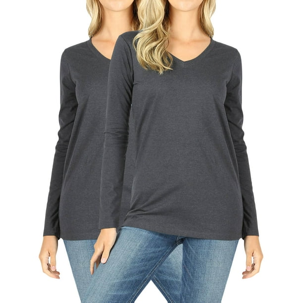 TheLovely - Women Casual Basic Cotton Loose Fit V-Neck Long Sleeve T ...