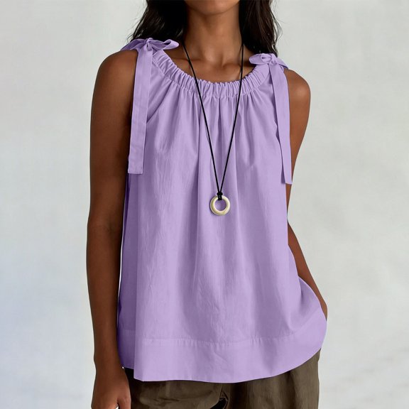 MOJOGO Tie Shoulder Tops for Women Crewneck Sleeveless Tees Drawstring Neckline Tank Top Casual Summer Party Outfits