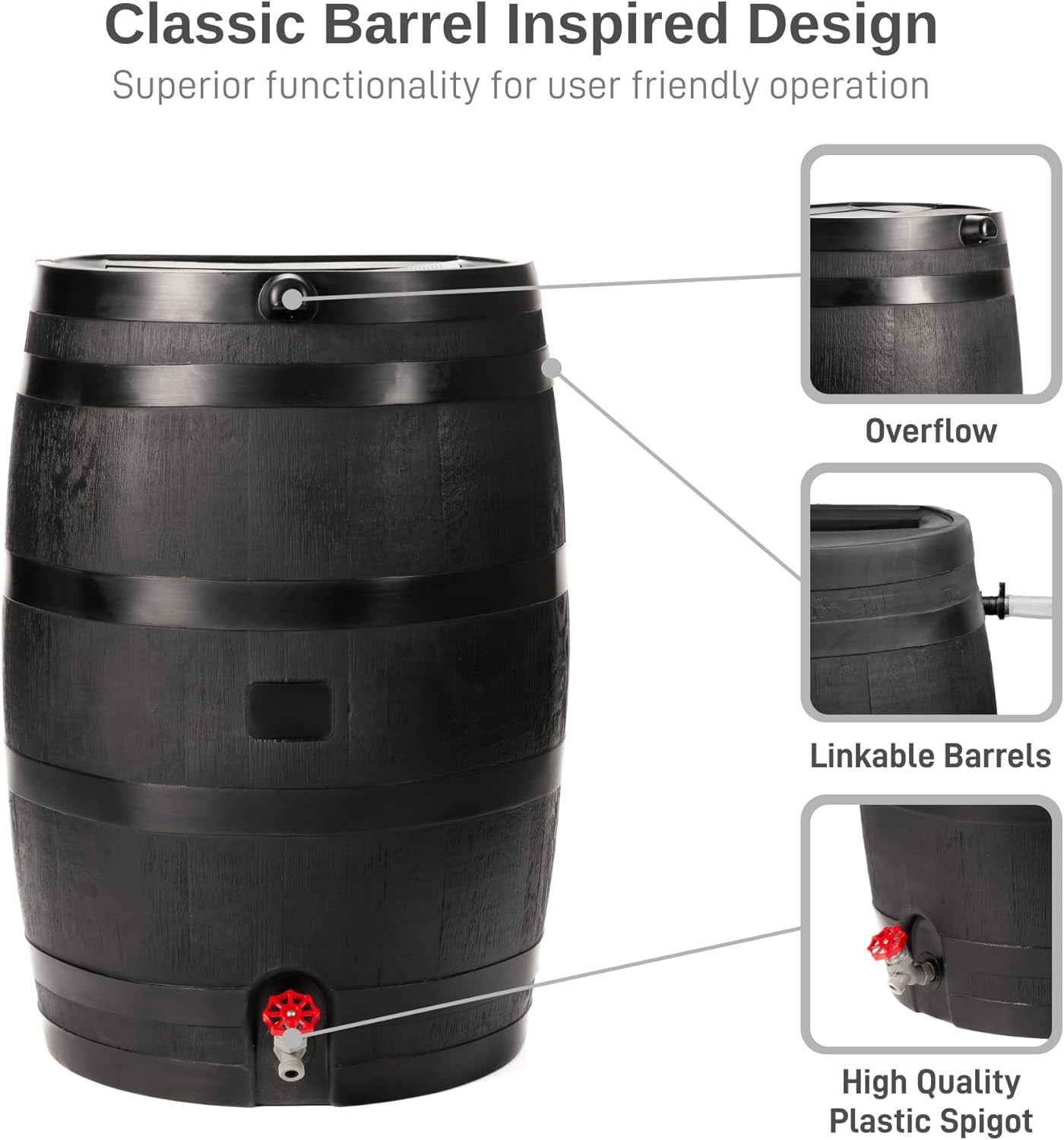 RTS Home Accents 50-Gallon ECO Rain Barrel, 100% Recycled Plastic Flat Back Rain Water Collection Barrel, Black