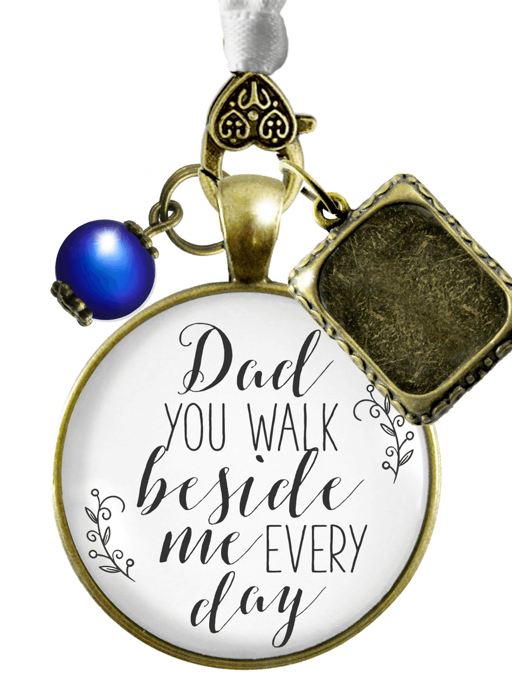 Bridal Bouquet Photo Charm Dad Beside Me Wedding Photo White Blue Bead Memory Father