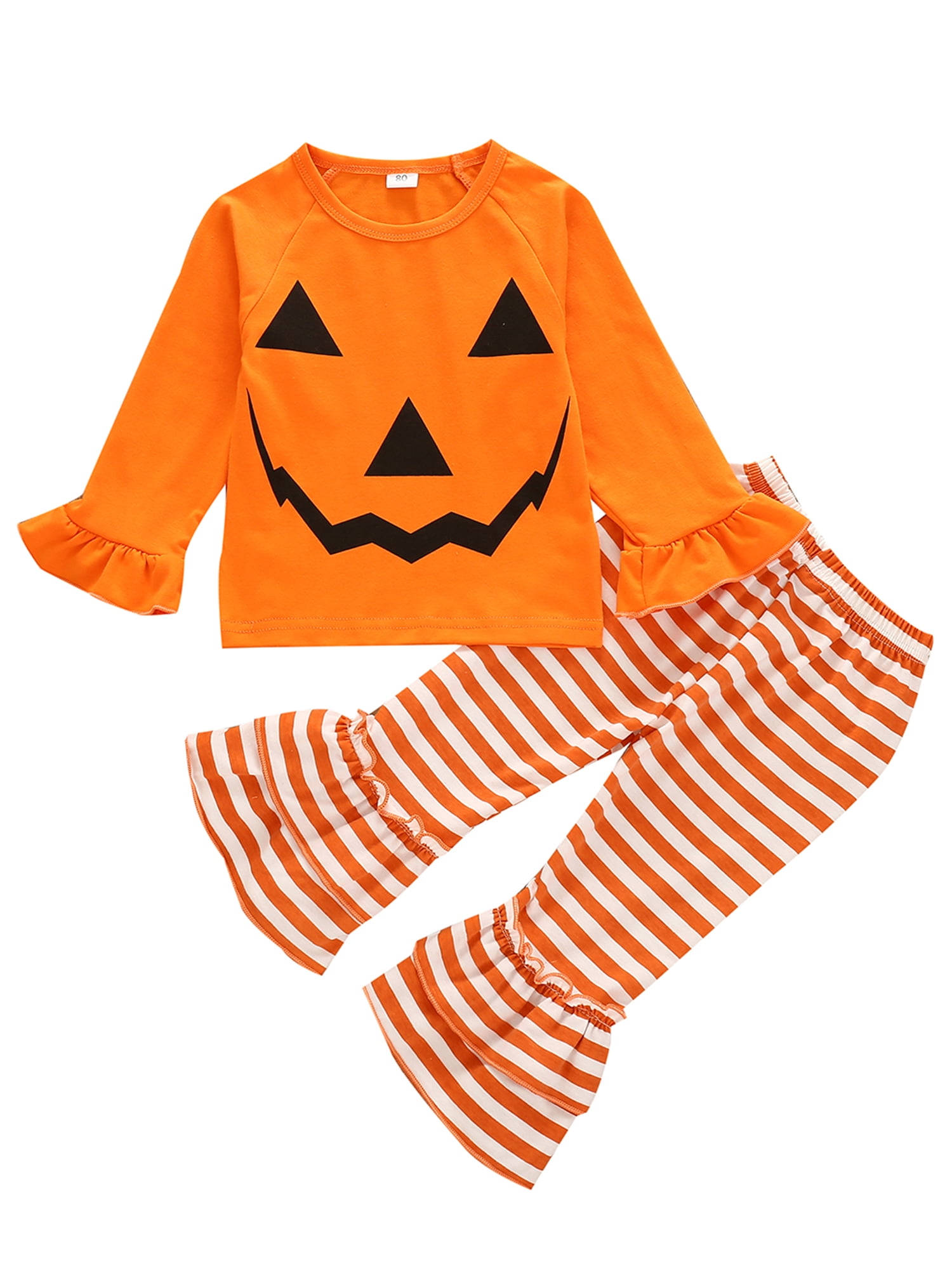 2PCS Baby Girl Halloween Party Outfit Pumpkin T-Shirt Tops Ruffle Falre Pant Set 