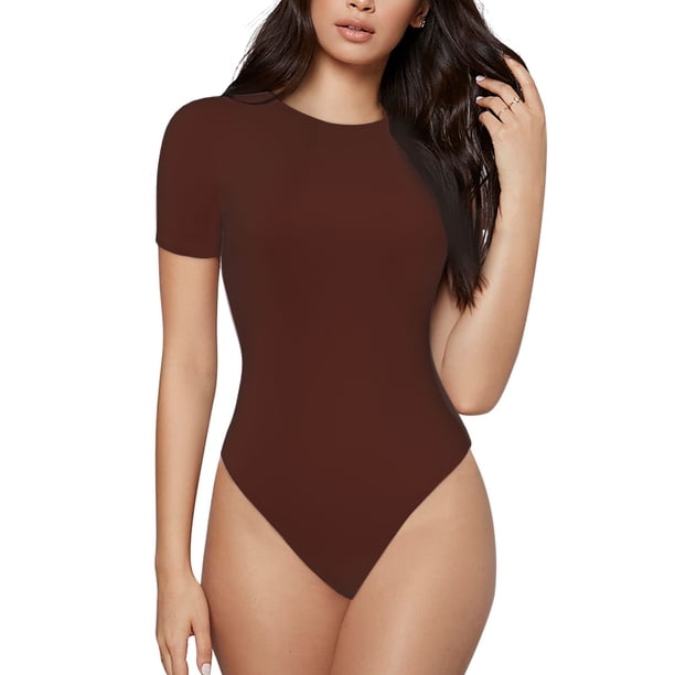Fotbe Brown Body de Mujer con Cuello Redondo y Mangas Cortas, Sin Mangas Ajustado, Suave, Cómodo y Básico-Medium