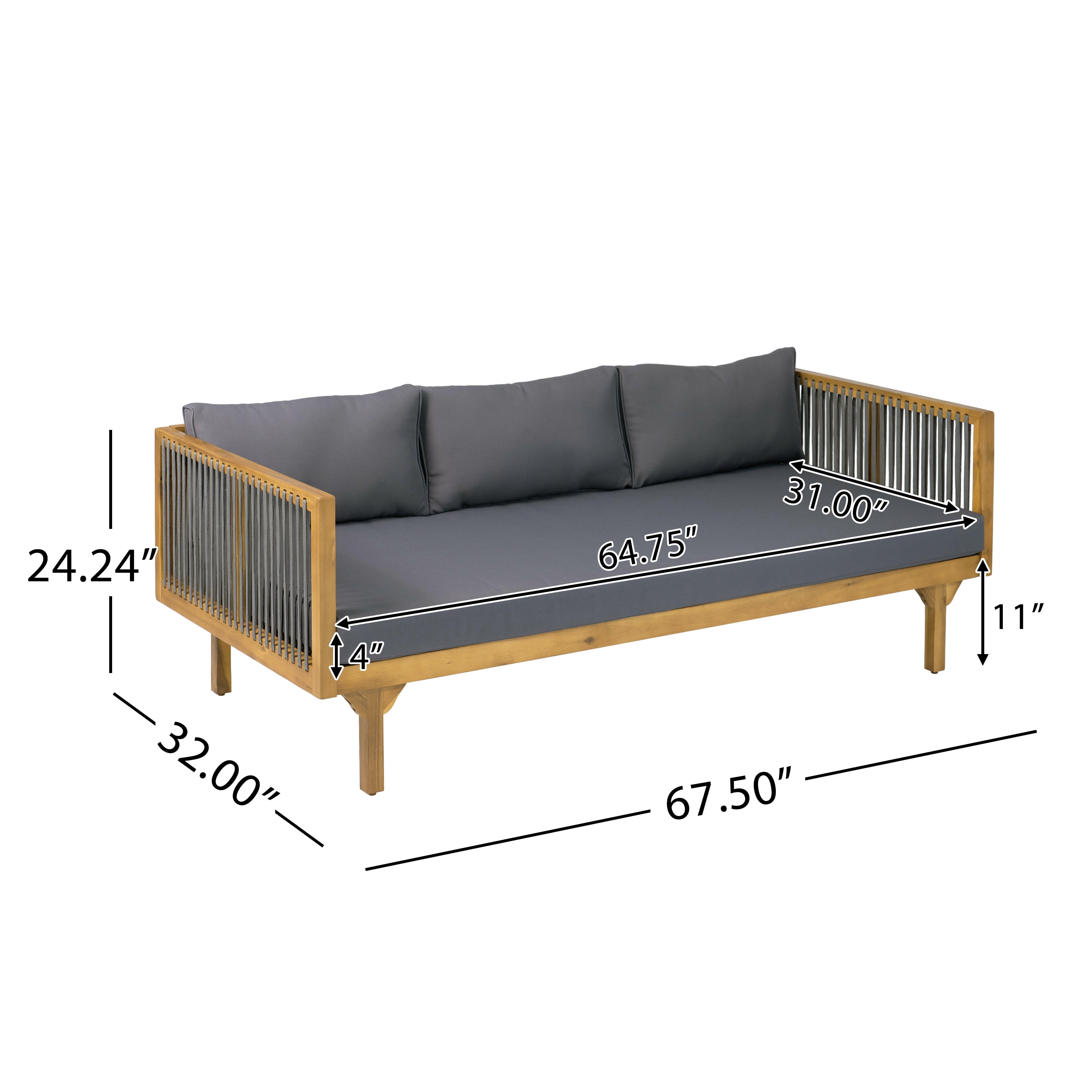 Patio Sofa, Outdoor Dark Grey Cushion Sofa with Grey Rope Acacia Wood for Garden Deck, Teak
