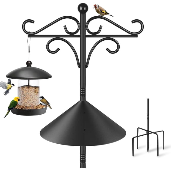 KOLAKO Bird Feeder Pole Squirrel Proof, 233cm Bird Feeding Station, Free Standing Heavy Duty Shepherds Hooks with Baffle for Garden Solar Lights,Baskets hanger, Black