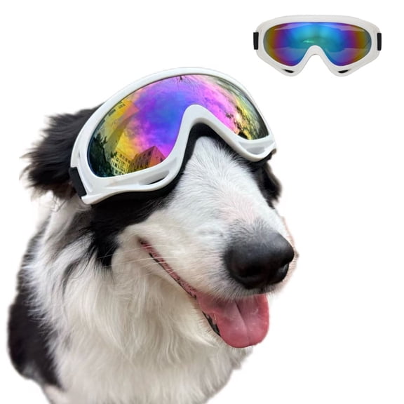 GlamourGaze Dog Goggles Sunglasses Waterproof Adjustable Strap for Medium to Large Dogs Silver with 1 Cleaning Cloth 30x30cm