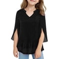 thumbnail image 2 of ZHOGXU Toddler Kids Girls Top 3/4 Sleeve V Neck Sequins Mesh Layered Comfortable Fashion Tee For Casual Daily Wear,Black,3-4 Years, 2 of 4