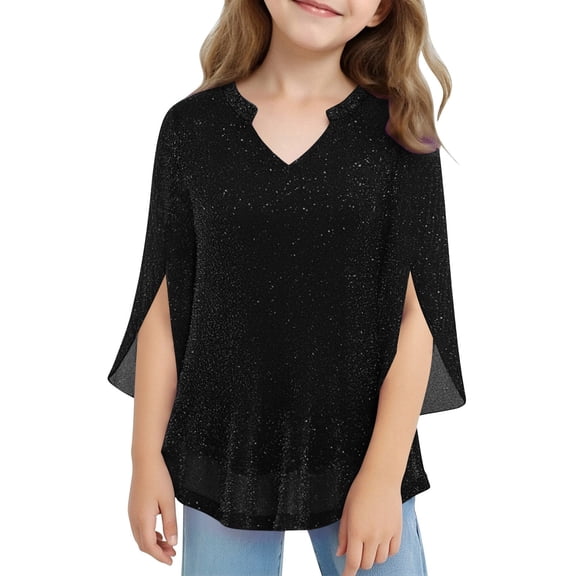 Girls Shirts Summer Long Sleeve Sparkling Threads Mesh Layered Design V Neck Casual Blouse for Kids Black 3 Years-4 Years
