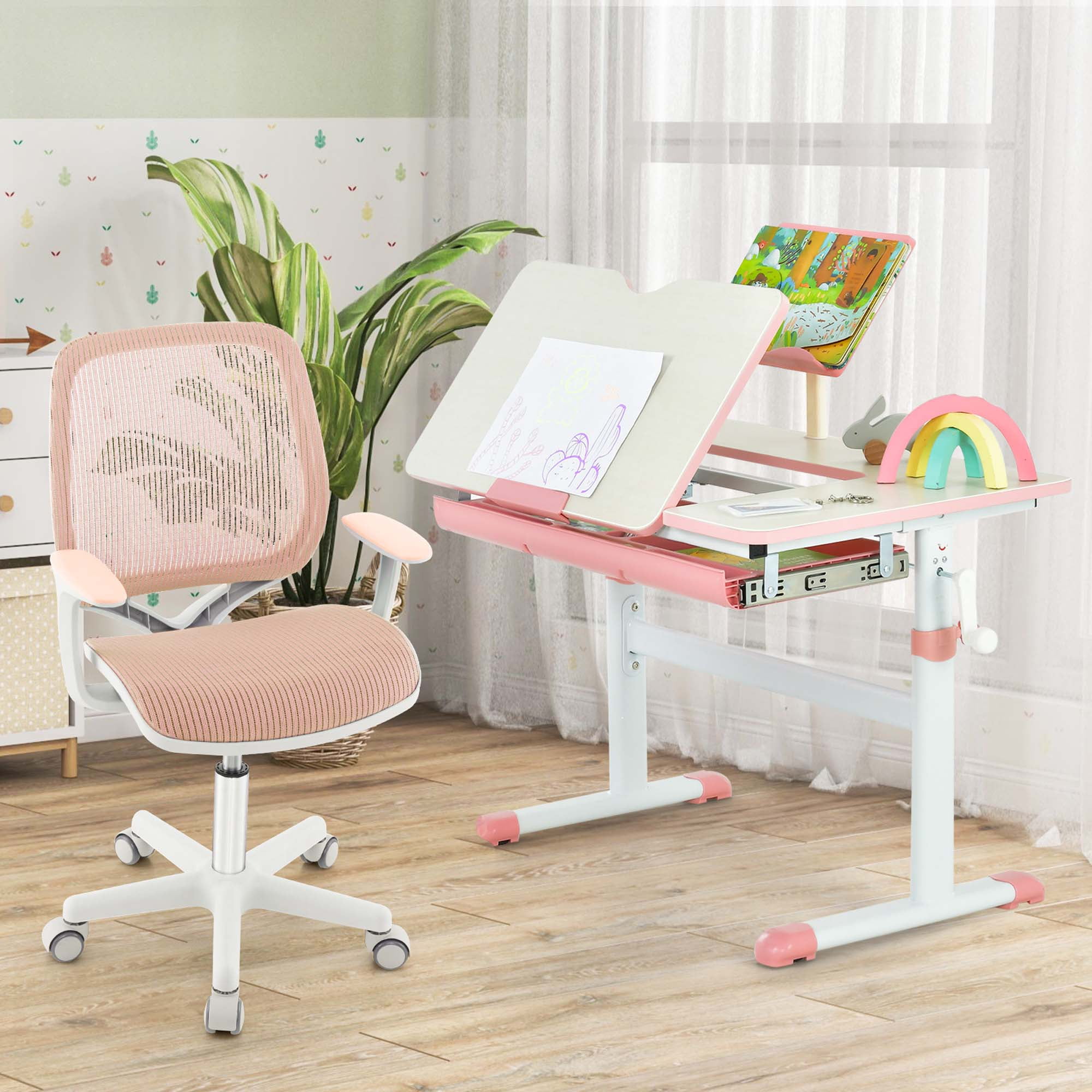 Swivel Mesh Children Computer Chair with Adjustable Height Pink costway
