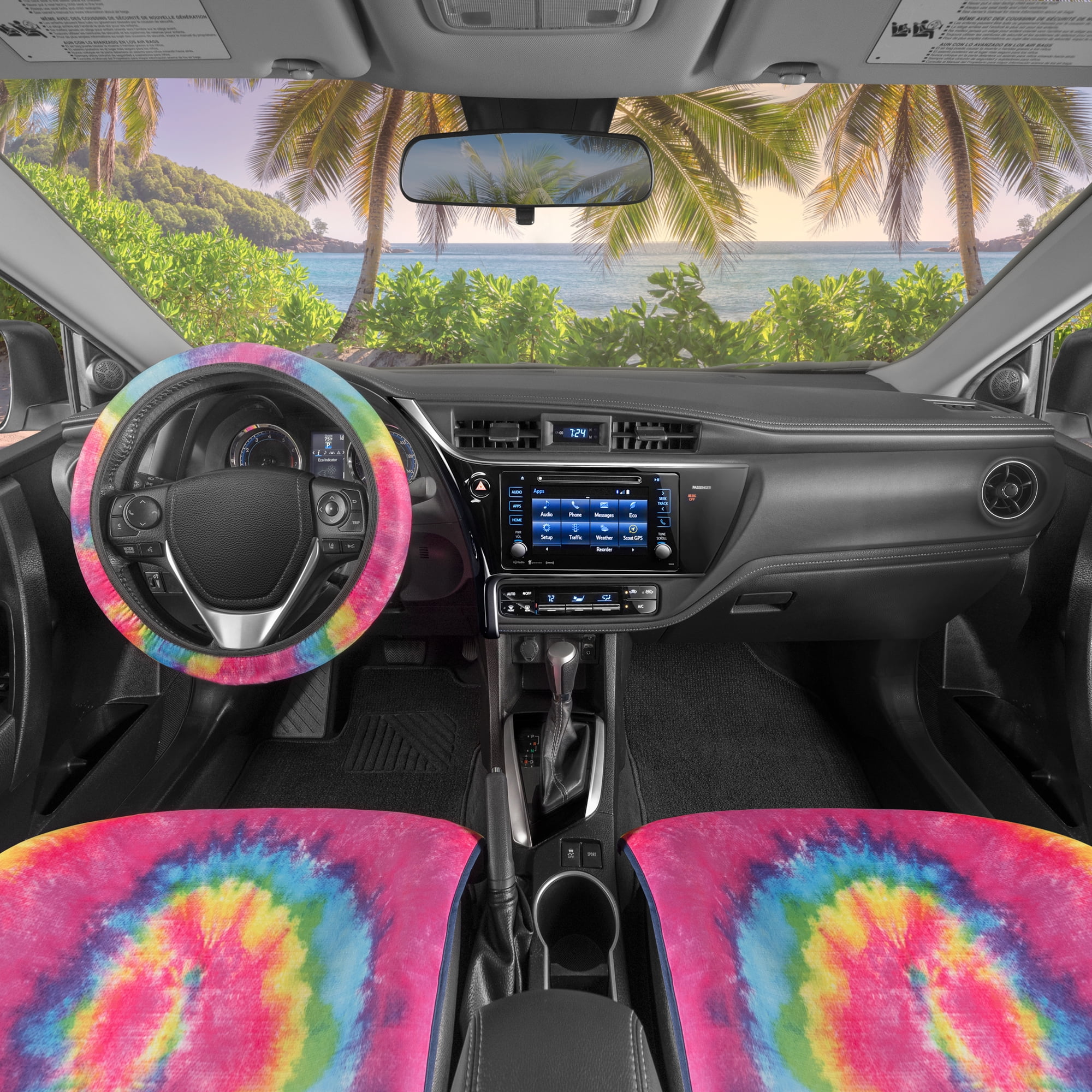 Carbella Rainbow Tie-Dye Universal Car Seat Covers Set, Seat Covers with Matching Steering Wheel