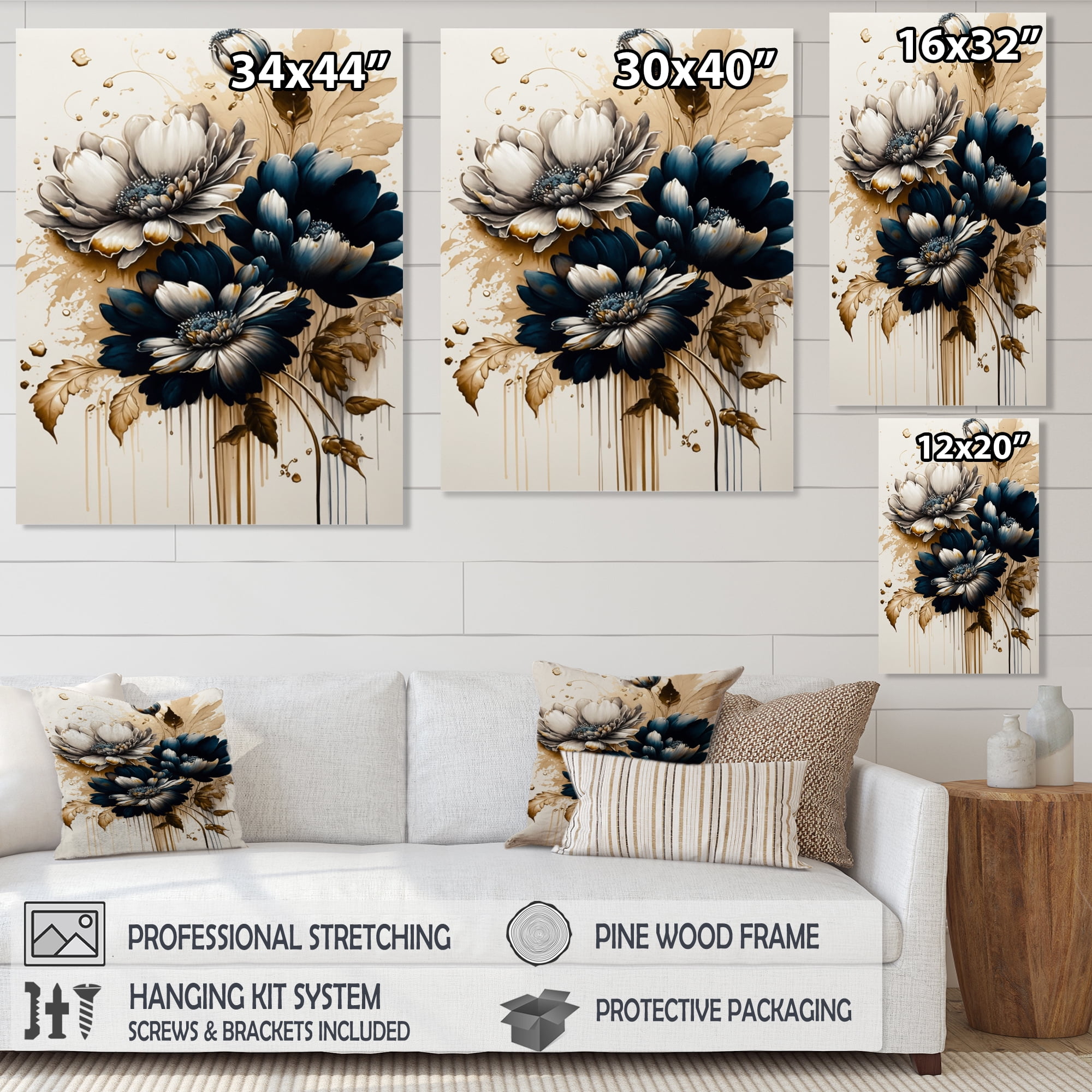 Designart Blue And Gold Daisy Bunch IV Canvas Wall Art