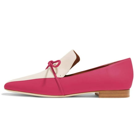 YDN Women Comfortable Bowknot Round Closed Toe Flats Loafers Slip on Stacked Low Heel Pumps Casual Office Lady Shoes Size 7.5 Fuchsia