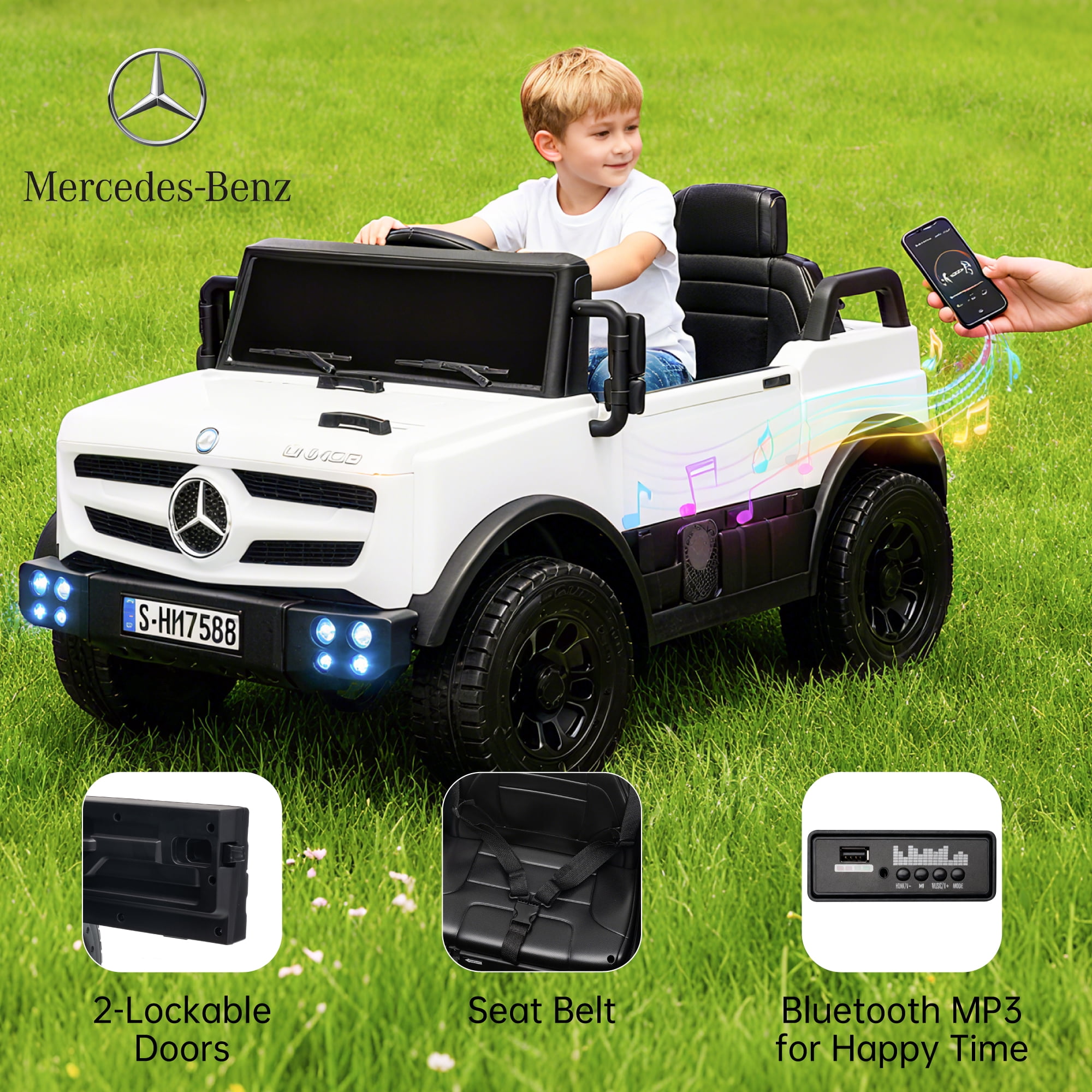 BKIRNP 12V Ride on Toys Electric Car,Licensed Mercedes-Benz Unimog w/Parent Remote Control,Age for 1-4 Boys,Girls,Kids,White