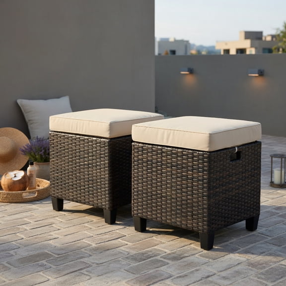 Resenkos 2 Pieces Patio Rattan Ottoman Set with Removable Cushions-Beige, All Weather Wicker Ottoman, Outdoor Patio Ottomans