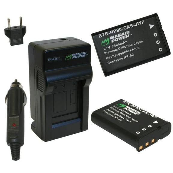 Wasabi Power Battery (2-Pack) and Charger for Casio NP-90