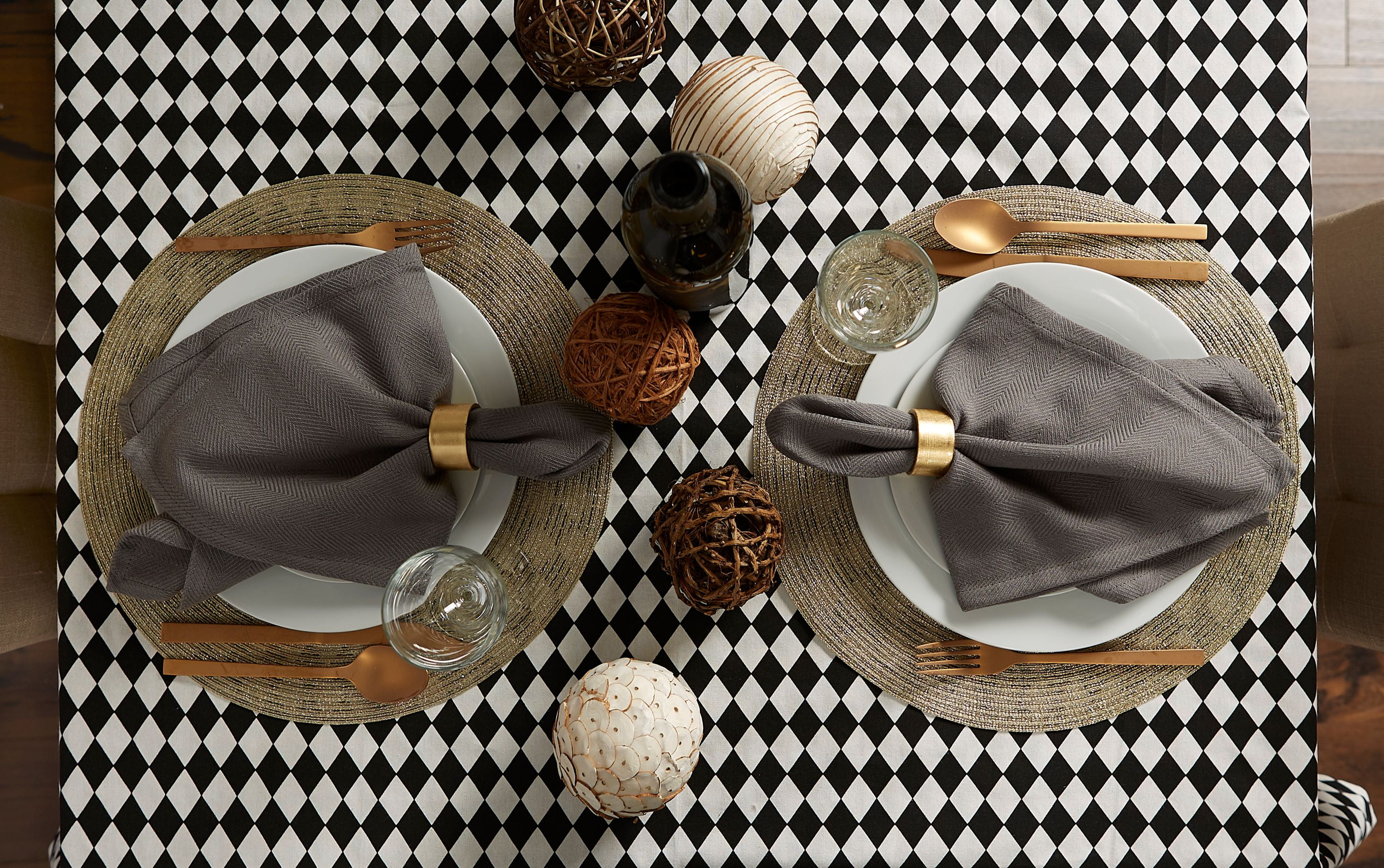 Round Tablecloth Harlequin Checkered Cream Black Chessboard Cotton Sateen