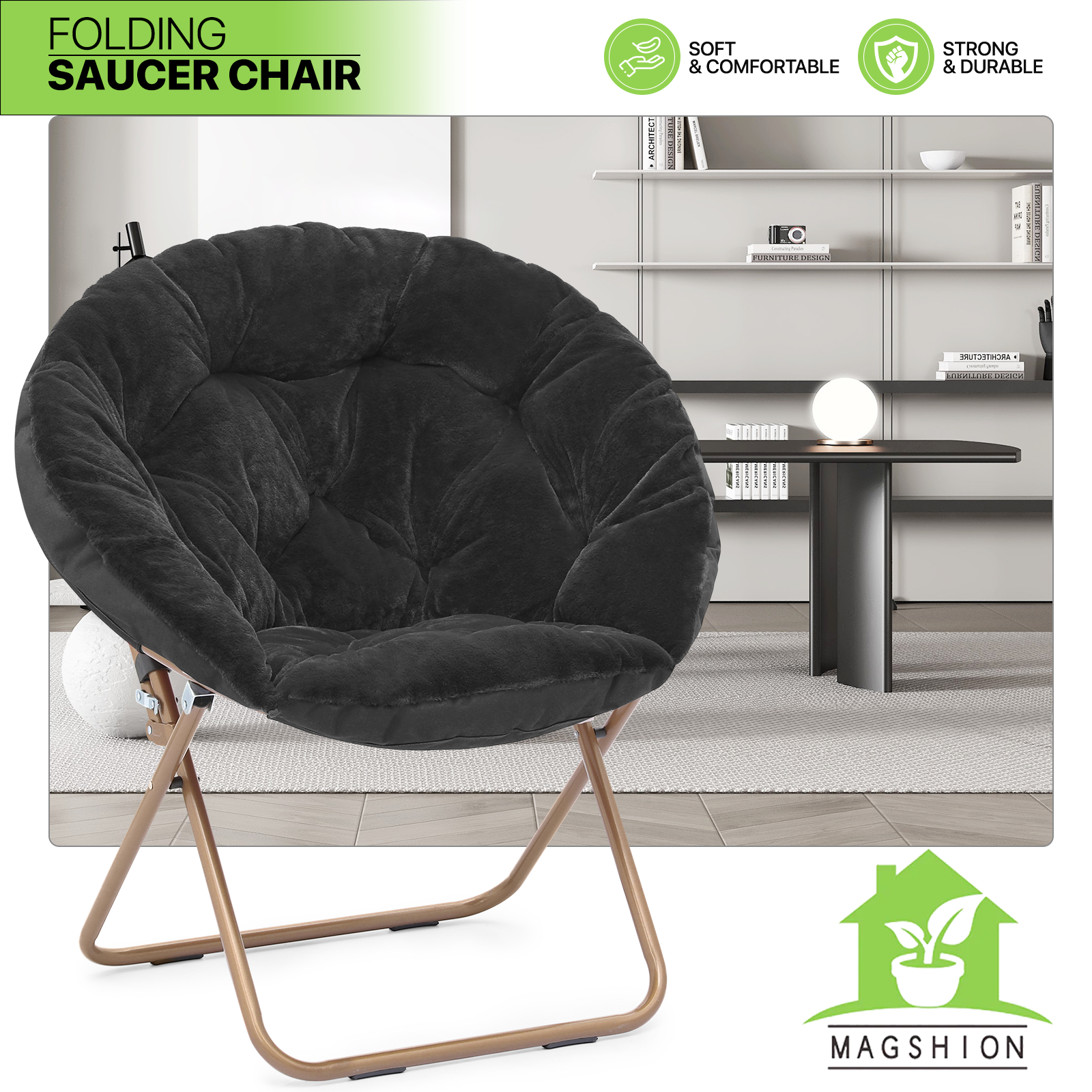 Magshion Saucer Chair Soft Faux Fur Folding Accent Chair, Lounge Lazy Chair Moon Chair Seat with Metal Frame for Bedroom Living Room, Black - image 2 of 10
