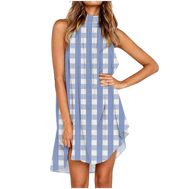 FcBaudy Robe Cheville Sans Manches à Col Rond, Robes pour Femmes, Robes d'Été pour Femmes Robe à Rayures à Pois pour Femme Robe Sans Manches à Col Rond Longueur Genou Robe Femme