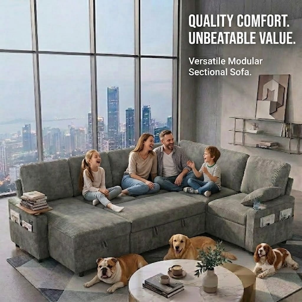 EPOWP 108" Sectional Sleeper Sofa, 7-Seater L-Shaped Modular Couch with Pull-Out Sofa Bed, Adjustable Backrest, Side Table & Charging Ports, Chenille Sectional Sofa for Living Room, Grey