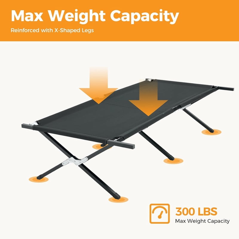 Simenmax Heavy Duty Folding Camping Cot – 300LBS Capacity Sleeping Bed, Portable Army Cot with Carry Bag for Outdoor Travel, RV, or Home Guest Use，Black