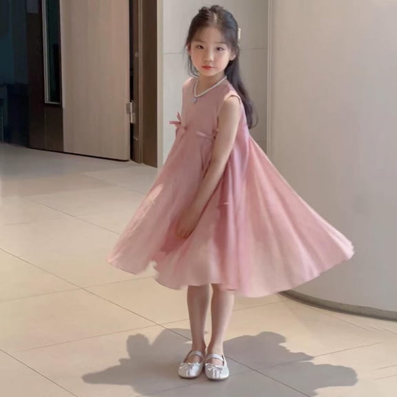 Pejock 2-11 Years Girls Sleeveless Dress with Belt Decoration, Lightweight Knee-Length Summer Dress for Toddler to Kids, Sweet Holiday Party Outfit for Easter Christmas New Year