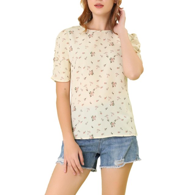INSPIRE CHIC Haut Floral Élégant pour Femme à Manches Courtes Froncées, Coupe Régulière