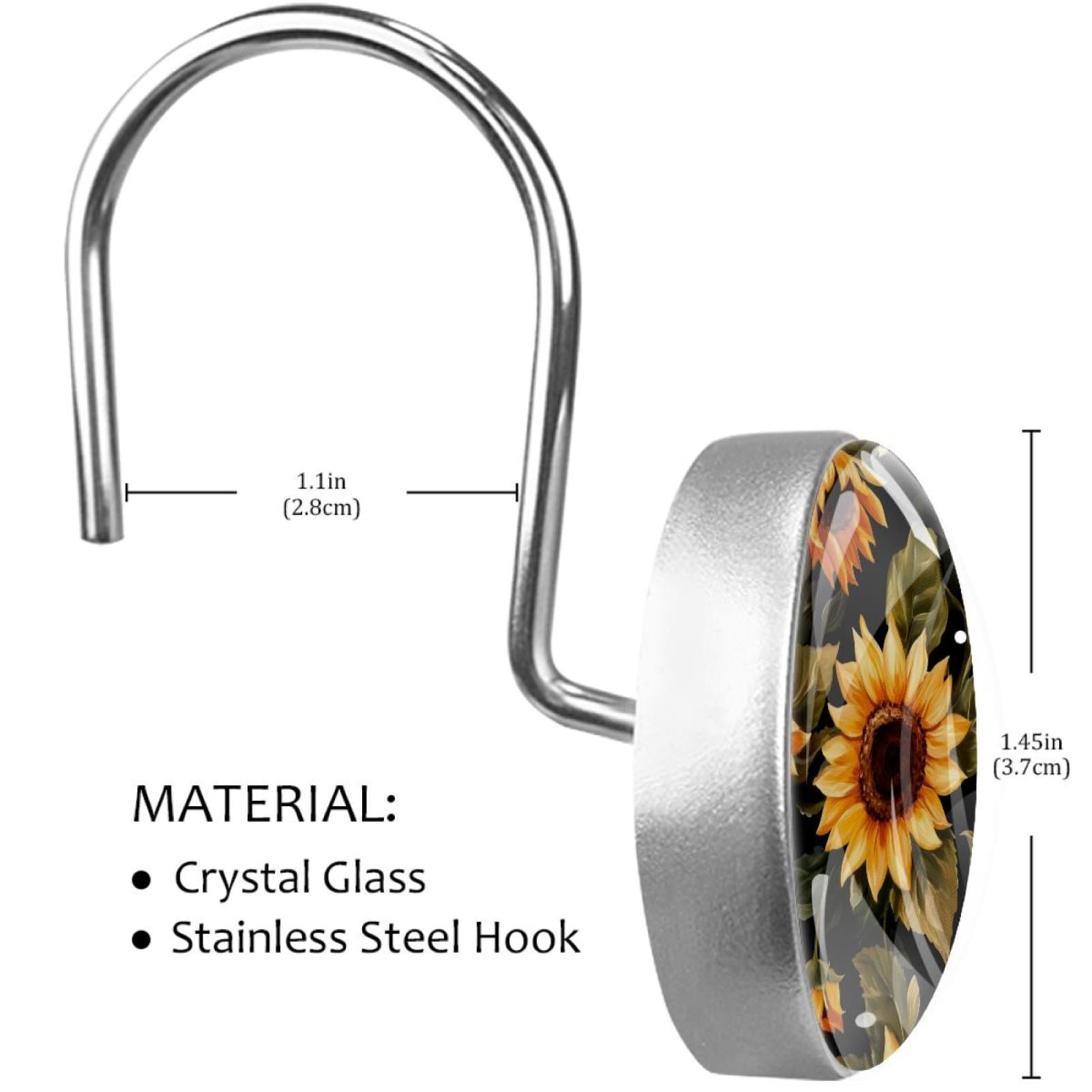 Sunflowers on Black Shower Curtain Hooks Round Crystal Glass, Set of 12 Shower Curtain Rings - Shower Hooks for Curtain Shower Rings
