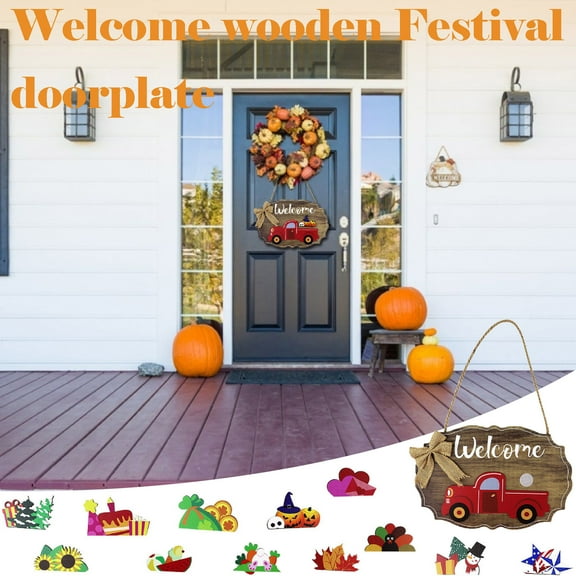 ZZkhGO Interchangeable Wooden Welcome Sign, Season Holiday Door Hanging Decor, Front Porch Decoration with Replaceable Accessories